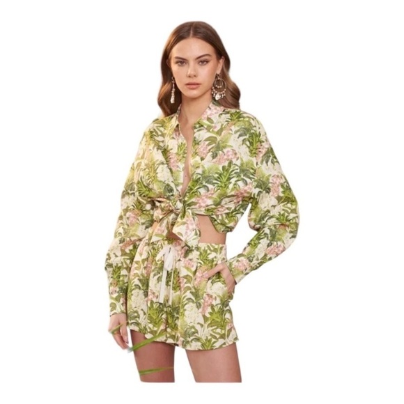 NEW Cami NYC Belkis Blouse Button Up Linen Shirt Green Floral Tropics - Picture 2 of 8
